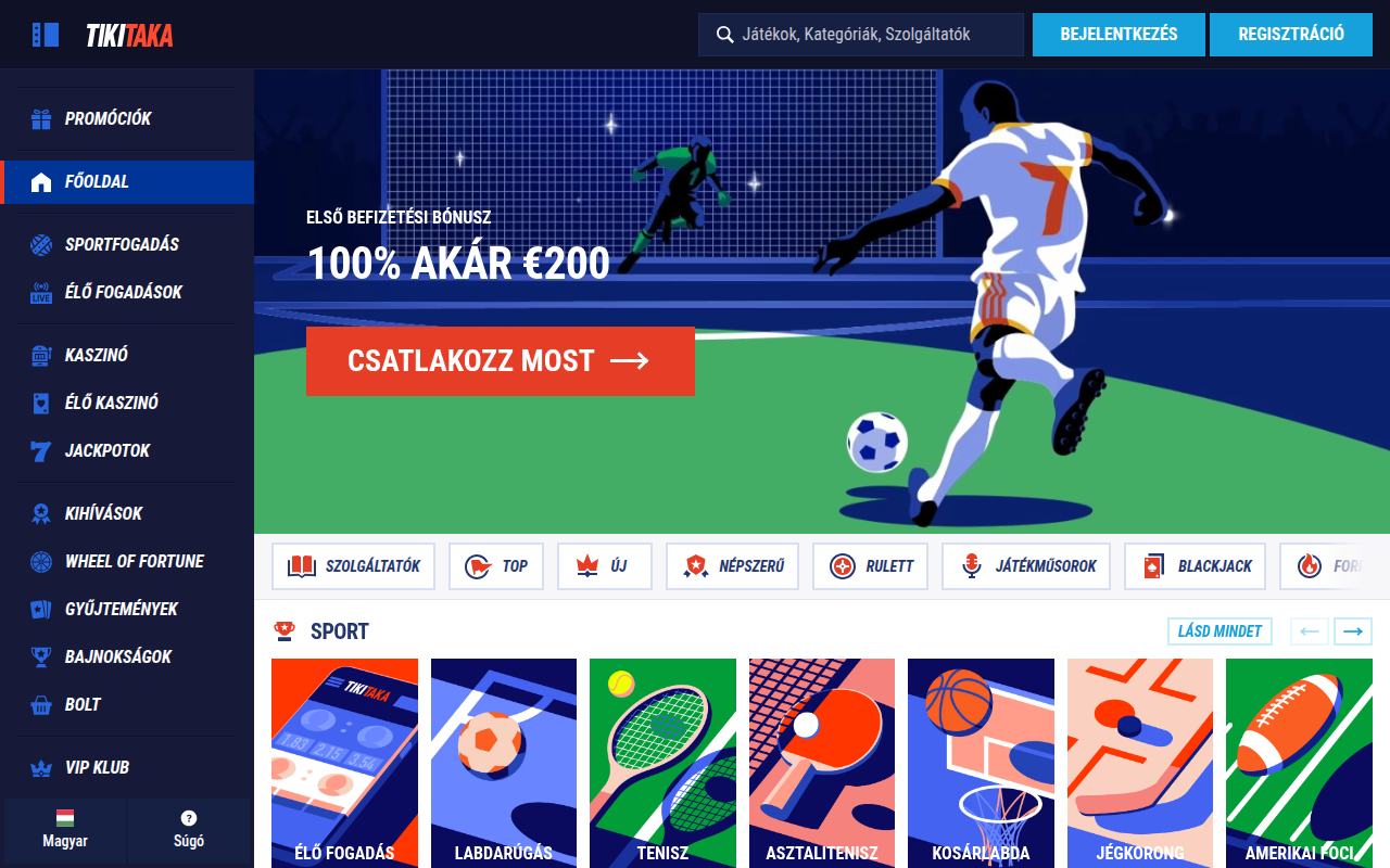 A TikiTaka magyar főoldala üdvözlő bónusszal, sportkategóriákkal és regisztrációs gombbal